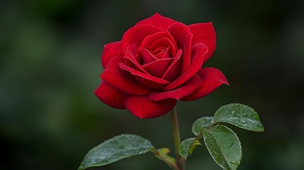 Naklejka premium Single Red Rose with Dew Drops Closeup