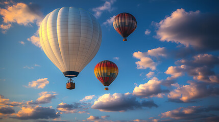 Obraz premium Three hot air balloons are flying in the sky, with one of them carrying a basket