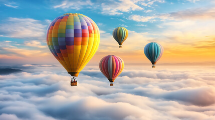 Naklejka premium Four hot air balloons are flying in the sky, with one of them being yellow