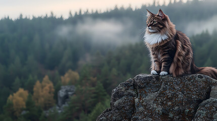 Majestic Norwegian Forest cat sitting on rock, surrounded by misty forest. serene landscape enhances cat regal presence, creating tranquil atmosphere