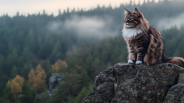 Majestic Norwegian Forest cat sitting on rock, surrounded by misty forest. serene landscape enhances cat regal presence, creating tranquil atmosphere