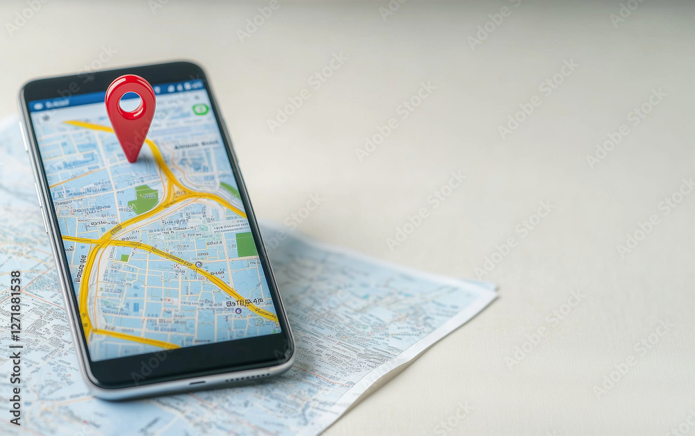 Poster Smartphone displaying map with location pin on paper map shows location. Mobile phone with map and red location pin on it for navigation and travel planning