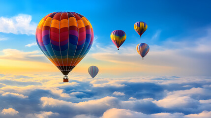 Fototapeta premium A colorful hot air balloon is flying in the sky with four other hot air balloons