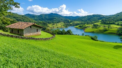 Tranquil Rural Scene: Rustic Stone House Overlooking Serene Lake and Lush Green Meadows