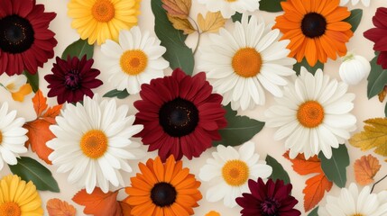 Floral pattern featuring bright autumn flowers like chrysanthemums, arranged on a soft beige background, 