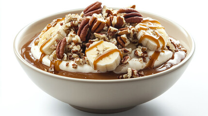 Bowl with caramel pudding with sliced bananas, chopped pecans, and a caramel drizzle, isolated on a white background, side and top view, dessert bundle.