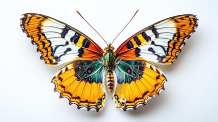 Obraz premium A macro shot of a colorful butterfly perched on a white background, with its vibrant wings spread open, displaying intricate patterns and textures.