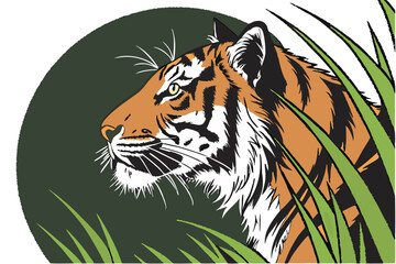   Hyper-realistic tiger portrait, green grass frame, intense gaze, detailed fur texture, striking orange and black stripes, circular composition, white background, dramatic lighting, 3D effect, wildl