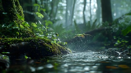 Fototapeta premium Lush Green Forest Stream with Water Drops and Sunlight