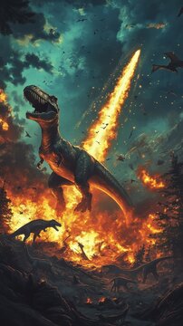 Dinosaurs face extinction amidst a fiery meteor impact event