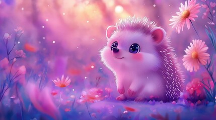Fototapeta premium A cute watercolor illustration of a hedgehog surrounded by small flowers, showcasing its adorable and fluffy features. Perfect for children's books, nature-themed designs, or animal lovers.