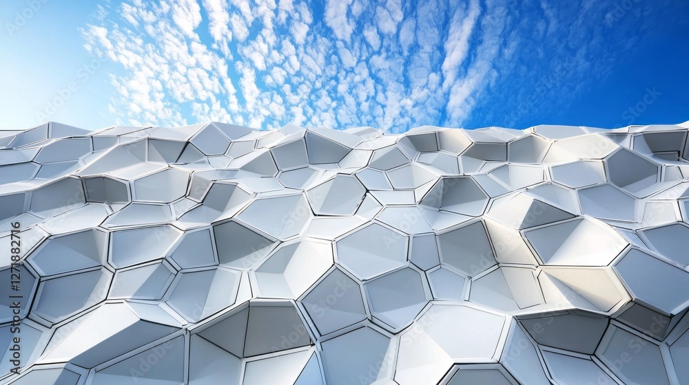 Poster Captivating geometrical patterns of a modern building create a wave-like effect under the expansive blue sky. The interlocking shapes reflect innovative design and artistry