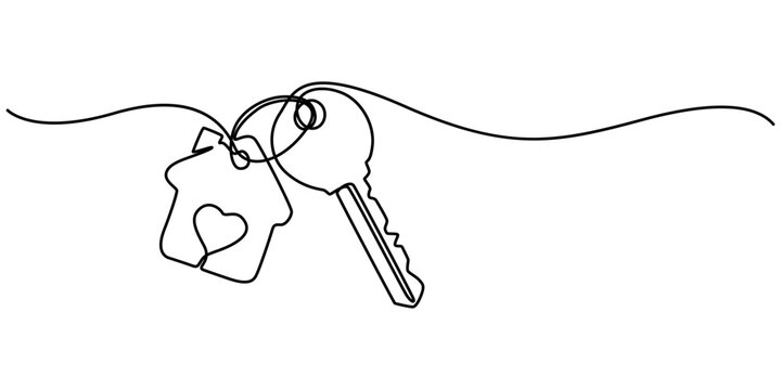 Continuous one line art drawing symbol of house keys, Real Estate Line Icon Vector Design, Single continuous line drawing keychain with key ring, two keys and a pendant house locket. minimal style.