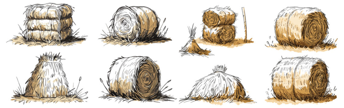 Hay bale farm vector illustration, hand drawn haystack set, sketch drawing of hay bales, rural landscape, isolated hay bales, farm sketch, agricultural art, rural illustration