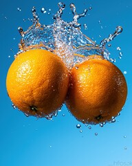 Fresh oranges splash in water, capturing vibrant freshness and vitality.