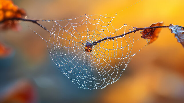 A spider web with dewdrops suspended between branches, Generative AI - Powered by Adobe
