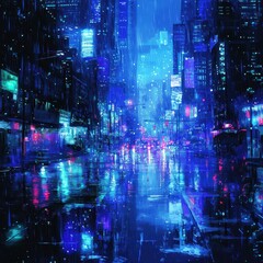 Fototapeta premium Rainy city street illuminated with blue and magenta lights