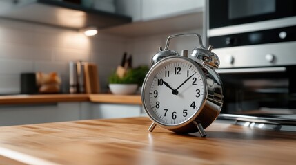 A silver alarm clock with a white face sits on a wooden table in a kitchen