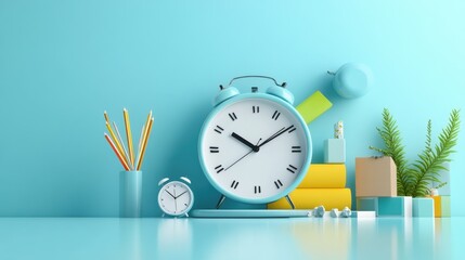 A blue clock with a yellow handle sits on a table next to a pencil holder
