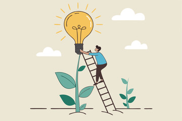 Creativity idea, solution or persuade success, climb up career ladder or business growth, improvement progress, personal development concept, businessman climb up ladder to reach lightbulb grow plant.