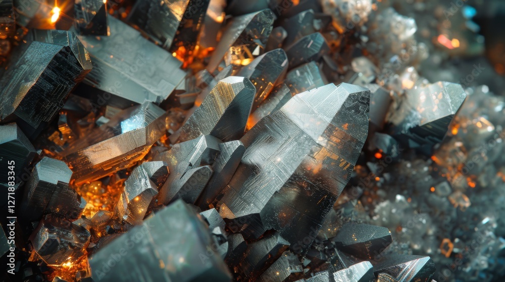 Poster unique mineral formations exhibit sharp crystal structures reflecting light, creating a captivating 