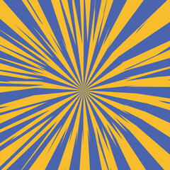 Obraz premium Pop art radial colorful comics book magazine cover. Striped blue digital background. Cartoon funny retro pattern strip mock up. Vector halftone illustration. Sunburst, starburst shape.