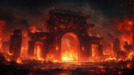 Burning ancient archway, city ruins ablaze