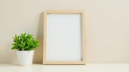 A simple, minimalist composition featuring a light-colored wooden frame next to a small potted plant, perfect for displaying artwork or a photograph.