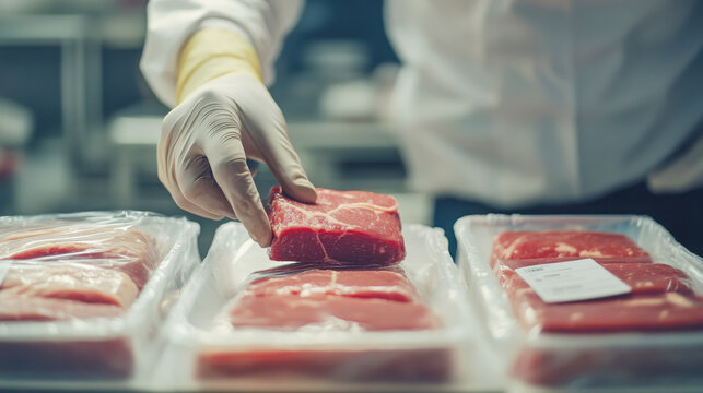 Close up of worker labeling packaged meat in a food processing facility