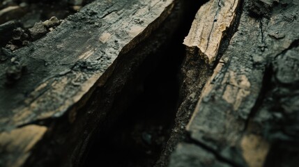 Charred wood split, ash background, close-up, texture, fire damage