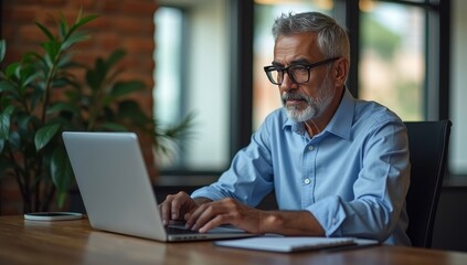 Middle-age Hispanic man using laptop computer for business studying, watch online financial webinar training meeting, video call. Focused mature Indian or Latin businessman work in office, copy space