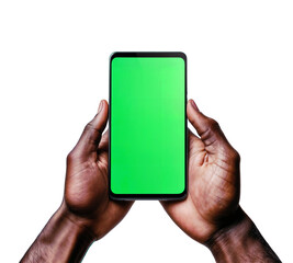 A black man holding a smarthphone with a green screen., isolated over transparent background, PNG cut-out
