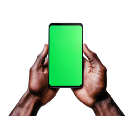 A black man holding a smarthphone with a green screen., isolated over transparent background, PNG cut-out