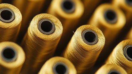 Fototapeta premium Golden spools of thread. Sewing thread. Craft sewing background