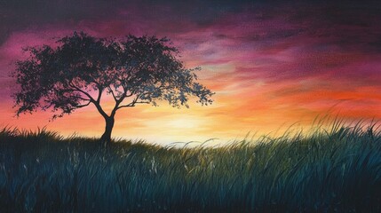 Naklejka premium A rural landscape with a sunrise backdrop, featuring a field of dewy grass and a lone tree silhouetted against the colorful sky, evoking a sense of calm and tranquility.