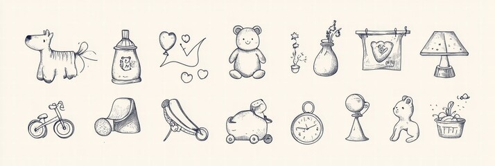 Unique hand drawn illustrations of everyday objects and toys in a creative layout. Generative AI