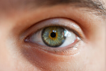 Obraz premium Macro shot of a blue-green human eye, showcasing intricate iris patterns and vibrant colors in stunning detail.