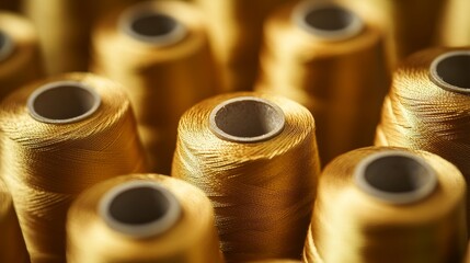 Golden spools of thread. Sewing thread. Craft sewing background