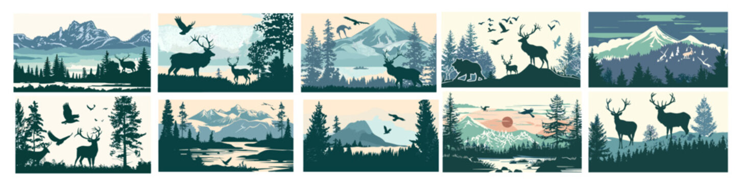 Mountain wildlife silhouette labels, vector outdoor adventure, animal landscape forest, nature illustration, adventure labels, wildlife vector, outdoor adventure designs
