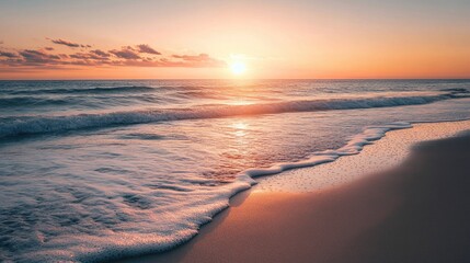 A serene beach scene at sunrise, with the sun peeking above the horizon and soft waves gently lapping the shore, creating a peaceful and calming atmosphere.