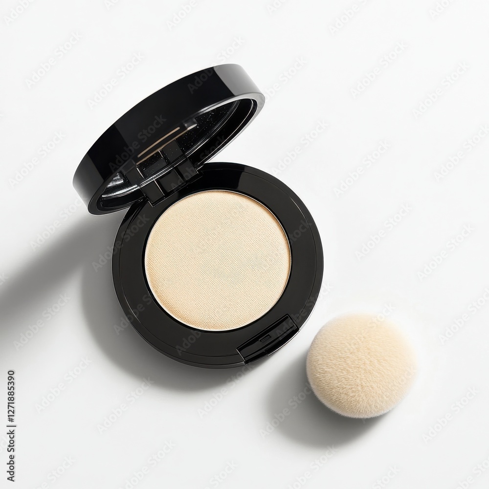 Poster Compact powder with applicator displayed on a white background showcasing smooth texture and versatile use for makeup