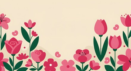 Pink Floral Vector Border with Roses and Tulips Spring Illustration