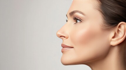A side profile of a -year-old woman with a smooth and even complexion, showing subtle signs of aging and emphasizing her timeless beauty in a classic setting.