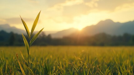 Fototapeta premium Close Up of Dewy Green Plant in a Golden Hour Field with Mountain Sunset
