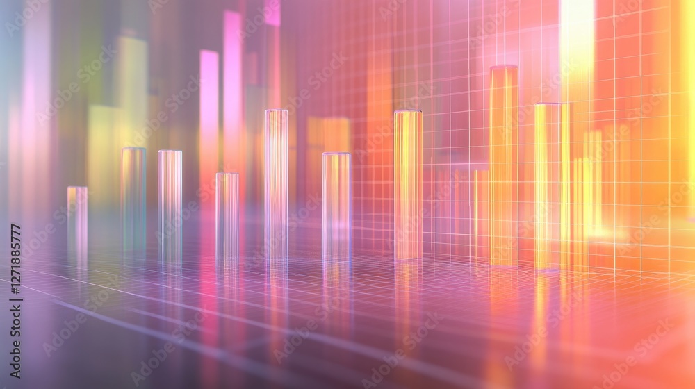 Poster a side view of a d bar chart with translucent bars and a grid background, illustrating detailed data
