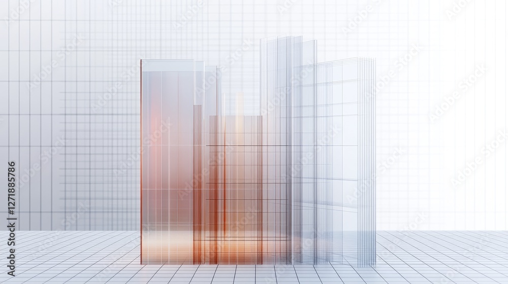 Poster a side view of a d bar chart with translucent bars and a grid background, illustrating detailed data