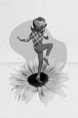 Collage photo poster of young headless absurd creative lady dancing flower celebrate her menstruation stay sunflower isolated on painted background