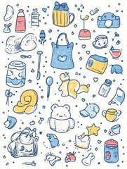 Colorful doodles of cute objects and characters on a whimsical background created in a playful style. Generative AI