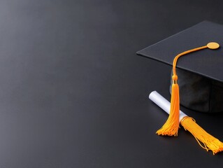 Graduation cap with orange tassel and diploma on a dark background.