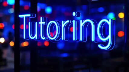 Bright neon sign reading 'Tutoring' illuminating a bustling street scene at night with colorful lights